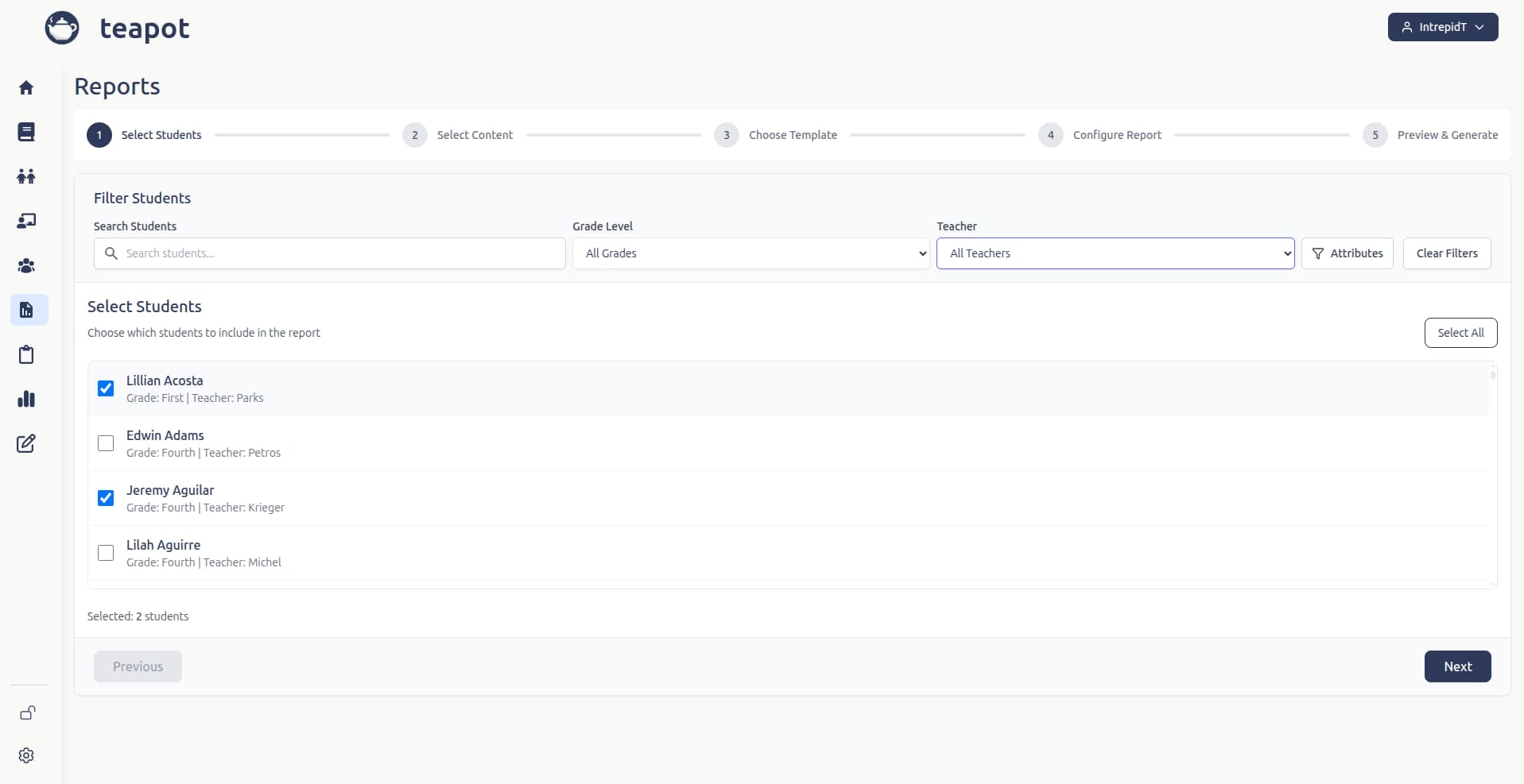 Student Reports interface